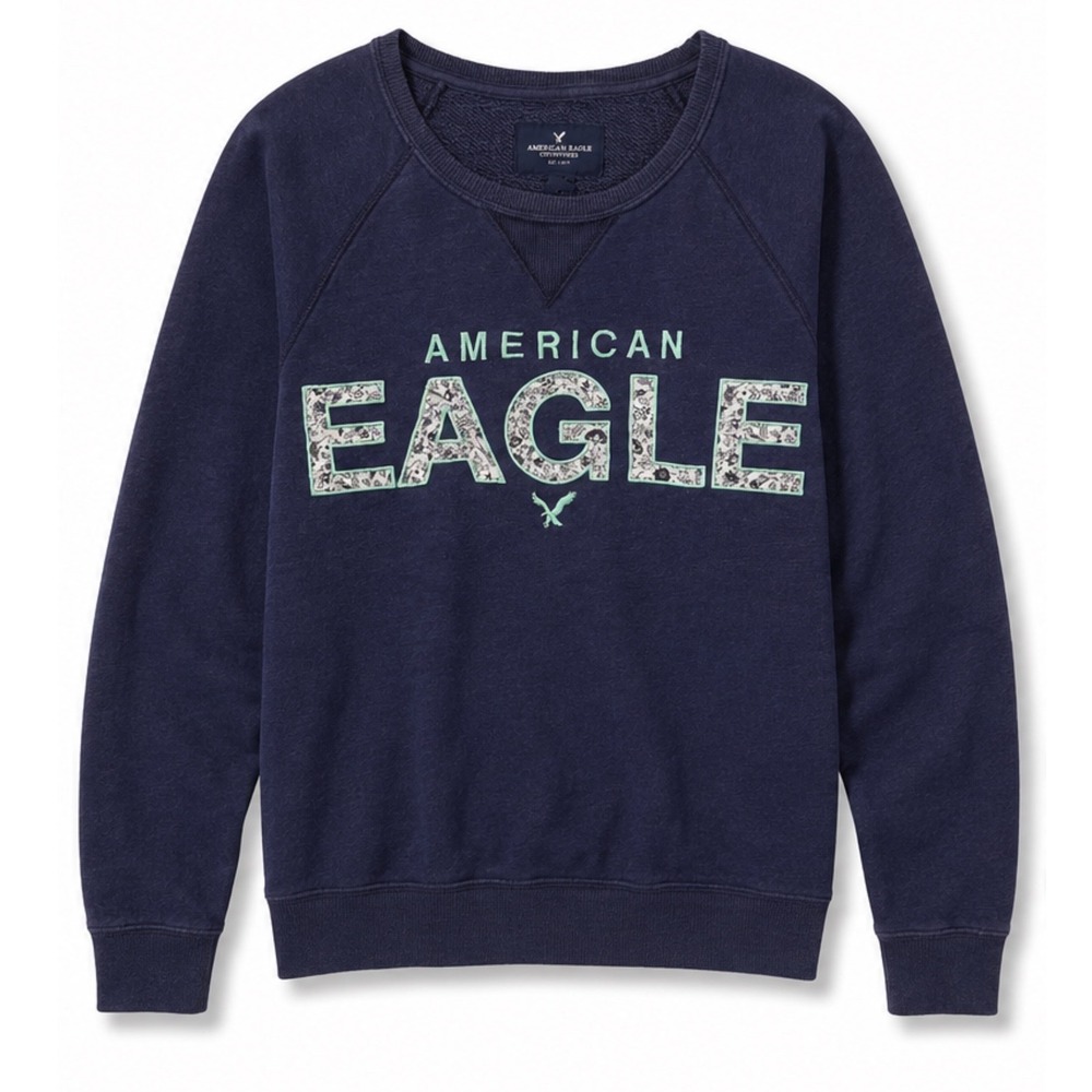 American Eagle Outfitters Violet Blue Crewneck Sweatshirt Floral Logo AEO XL